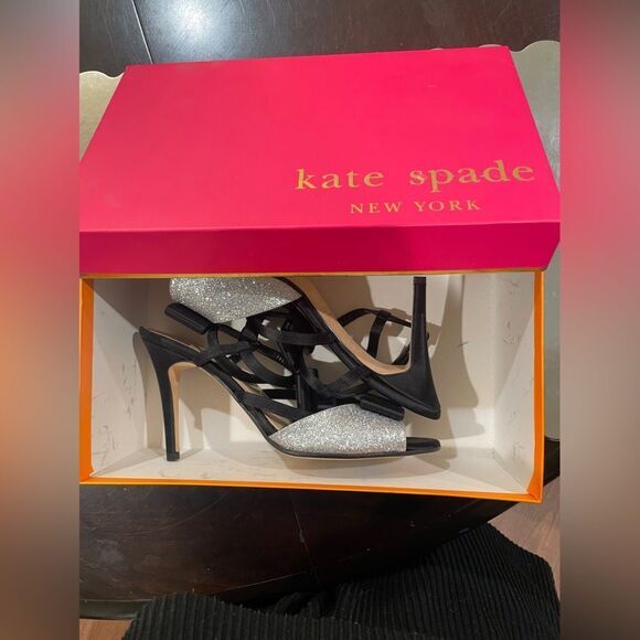 Kate Spade New York Ivy Silver Fine Glitter Black Heels Size 9 NWT - Picture 12 of 14